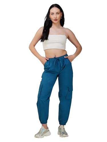 Image of fabcoast Multi-Pocket Cargo Cotton Poplin Jogger Pants for Women Summer Wear Full Elastic with Drawstring and 2 Side Pockets, 2 Back Pockets and 2 Leg Pockets