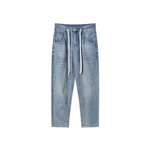 Drawstring Loose Jeans with Distressed Craftsmanship Casual Pants(3X-Large) Blue