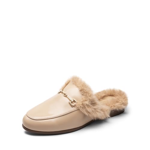 DREAM PAIRS Mules for Women Flats Comfortable Buckle Mules Slip on Slides Backless Loafers Shoes,Size 9,Nude-Fur,SDML2401W