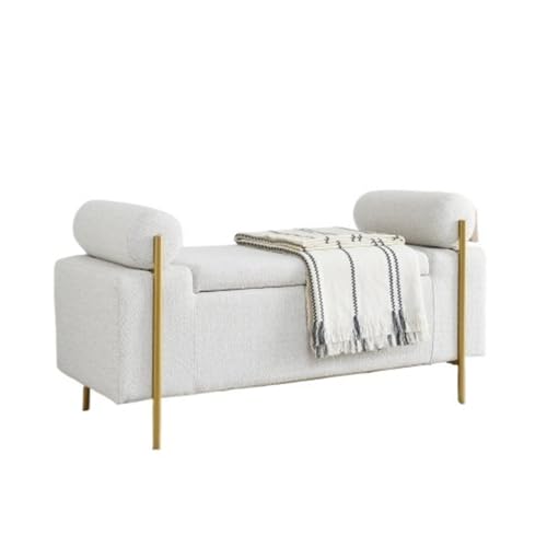 Elegante banco de almacenamiento de lino con brazos cilíndricos y patas de hierro, banco tapizado para pasillo, sala de estar, dormitorio, muebles blancos elegantes