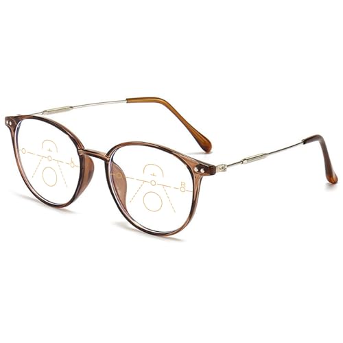 ABETOS Gleitsichtbrille Progressive Multifokale Lesebrille Damen Herren Runde Blaulichtfilter Metall Kunststoff Leicht Rund Gleitsicht Lesehilfen Sehhilfe Braun+2.5