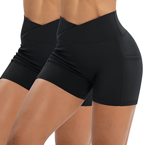 Workout Shorts for Women 2 Pcs Pack Cross Waist Active Gym Spandex Stretchy Yoga Compression with Side Pockets