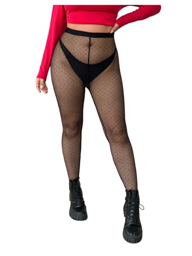 WDIRARA Women's Plus Size Polka Dots Tights Mesh Sheer Stockings High Waisted Pantyhose