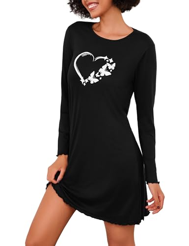 Demegimi Camicia da Notte Donna con Stampa a Cuore Camicia da Notte Cotone e Scollo Rotondo Manica Lunga Stile Romantico e Femminile