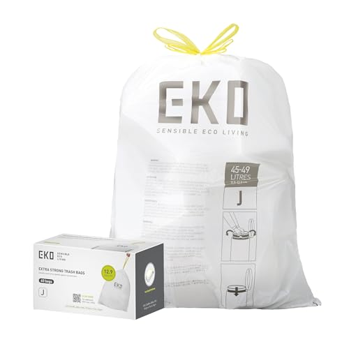 Image of EKO 12.9 Gallon / 45-49 Liter, 60 Count Drawstring Trash Bags, Extra-Strong Unscented Garbage Bags, Easy-Dispense Roll for Kitchen & Household Use, Resists Tears, Leaks and Punctures, Code J, White