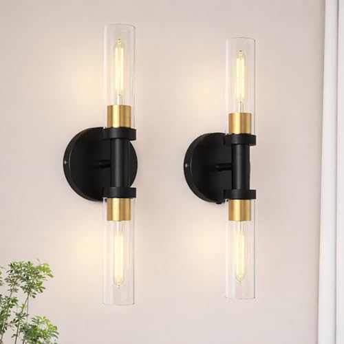Rechargeable Battery Operated Wall Sconce Set of 2, Dimmable Wall Light with Touch Control, Wireless Bathroom Vanity Lights Over Mirror, Modern Wall Lamp for Living Room Hallway, Black Gold
