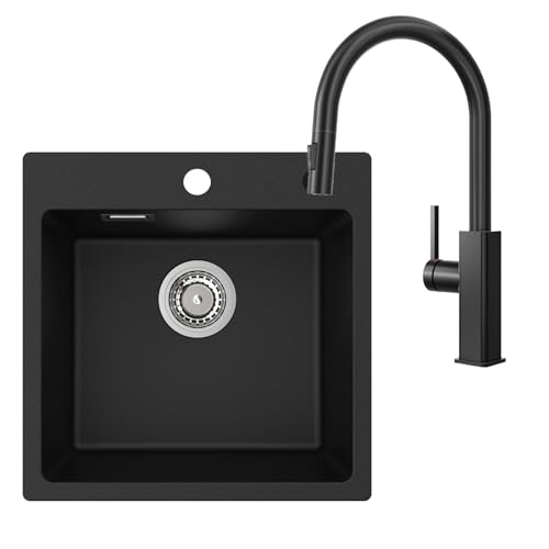 CECIPA Fregadero de granito negro 45 x 45 cm con grifo de cocina extraíble, juego rectangular empotrable con 2 agujeros para grifo, juego completo para cocinas modernas y elegantes