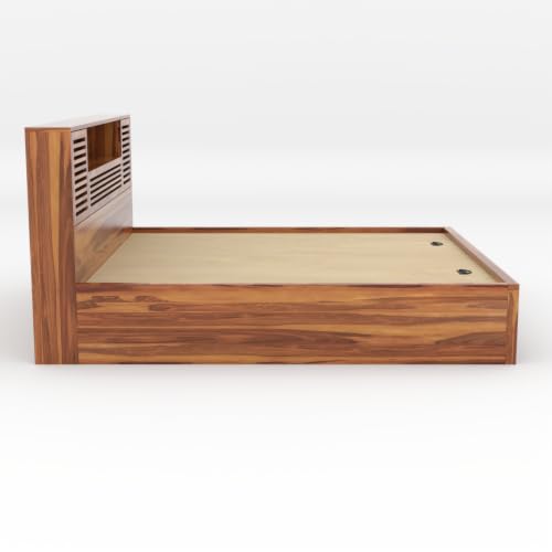 Image of Kunjal Furniture Sheesham Wood Solid Double Bed with Hydraulic Storage & Cushioned Headboard for Bedroom (Flyding Natural, King)