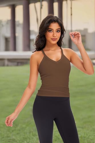 Cioatin Camiseta corta sin mangas con cuello en V para mujer, espalda cruzada, camiseta de entrenamiento, ajustada, acanalada, para gimnasio, verano, salir, Marrón café, M