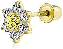 Tiny Minimalist AAA Gemstone CZ Birthstone Colors Cluster Open Flower Yellow Real Gold Stud Earring 1 Piece For Women Teen Secure Screw Back Helix Lobe Cartilage