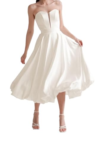Women's Tube Top Tea Length Wedding Dresses for Bride Satin Strapless A Line Bridal Dress with Pockets