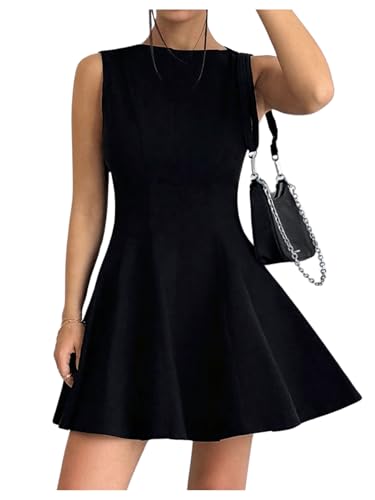 Image of Milumia Boat Neck A Line Flared Mini Dress Summer Casual Club Party Short Sleeveless Tank Dresses Black Medium