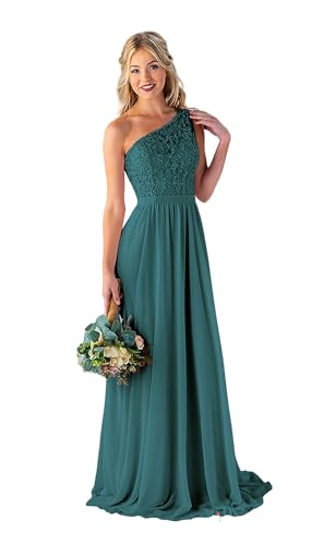 Image of Women's One Shoulder Bridesmaid Dresses Long for Wedding with Pockets Lace Bodice A-Line Chiffon Formal Party Gown