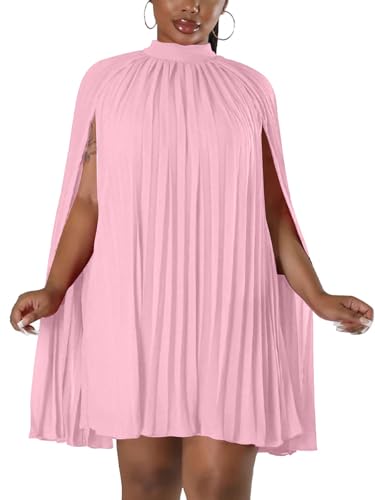 Image of Women's Casual Cape Sleeve Pleated Split Short Dress Loose Fit Cocktail Party Flowy Dress