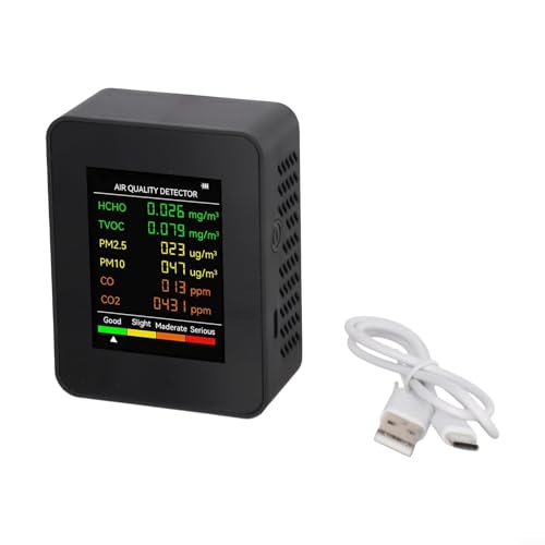 Monitor de calidad del aire 6 en 1 con sensor TVOC, probador de aire interior portátil para detección PM2.5 PM10, detección de aire infrarrojo, medidor CE2, contaminación ambiental (negro)