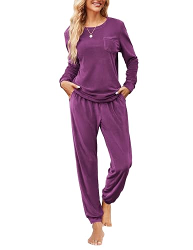 Ekouaer Womens Pajamas Sets Long Sleeve Soft Sleepwear 2 Piece Velvet Pjs Lounge Sets with Pockets