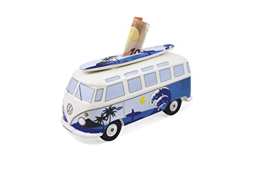 BRISA VW Collection - Volkswagen Savings Bank Piggy Bank Money Coin Box with Surfboard in T1 Bus Samba Design (Surf/Blue)