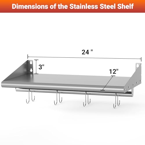 Image of Skyflame 12 inch x 24 inch Stainless Steel Wall Mounted Shelf with 4 Hooks