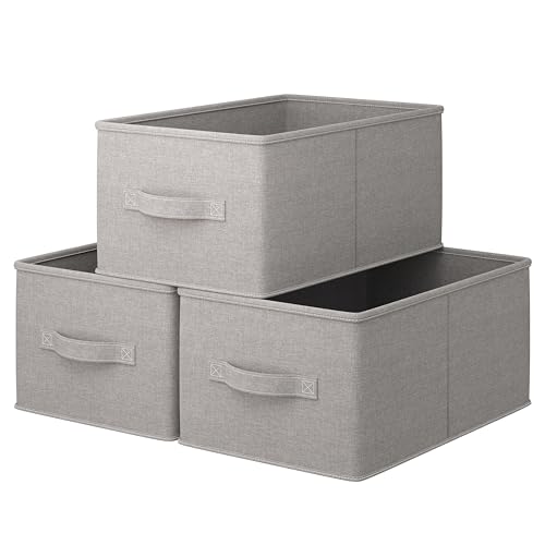 3 Pack Fabric Storage Bins for Shelves | 16.25x12x10in Closet Storage Baskets | Collapsible Storage Bins |Fabric Closet Organizers with Handles | Grey