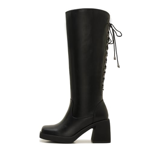 Wide Calf Knee High Boots for Women – Plus Size Chunky Heel Boots with Adjustable Lace-Up Back2