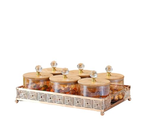 Image of Diwali Serving Dry Fruit, 6 pcs Glass Container Serving Tray Set | 600 ML Each Premium Design Air-Tight Lid Snack Organizer Tray Copper Stand Wooden Lid Diwali Gifts