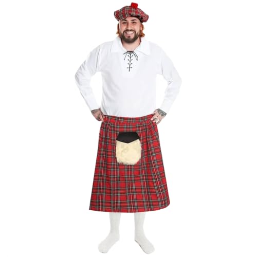 Kilt écossais rouge costume homme adulte avec chemise blanche et chapeau