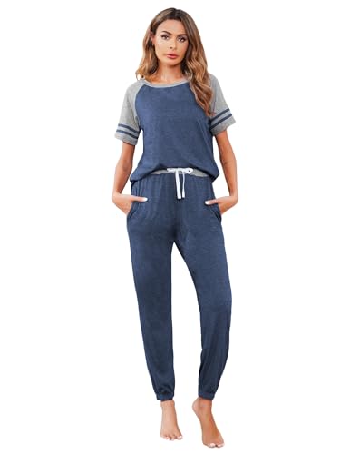 Image of Ekouaer Lounge Sets for Women Two Piece Pajama Set Short Sleeve Crewneck Jogger Outfits and Sweatpants Tracksuit