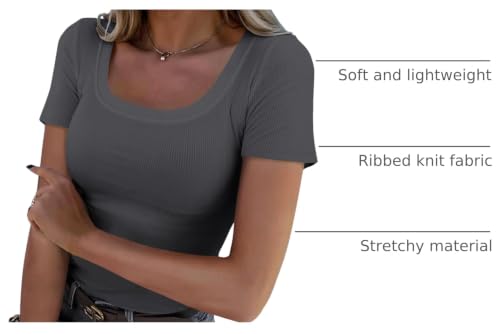 Image of Roselux Women's Summer Scoop Neck Short Sleeve T-Shirts Ribbed Knit Slim Fitted Casual Basic Top