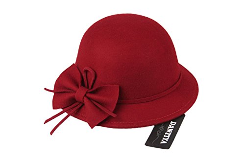 DANTIYA Kids Girls Winter Warm Bucket Hats Fedoras with Belt (Wine Red)