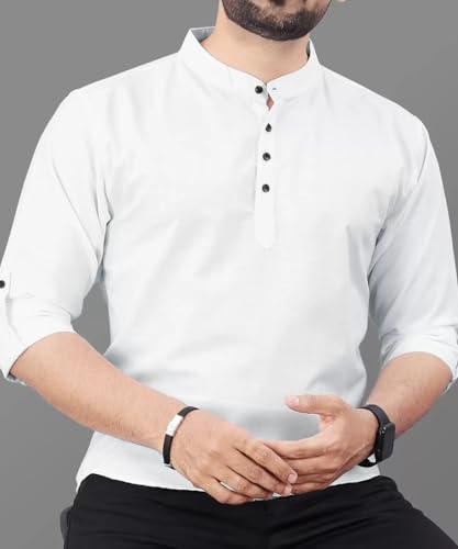 Image of DEEMOON Men's Regular Fit Solid Sprad Collar Casual Shirt with a Trendy Mandarin Collar Crafted from a Premium Cotton Blend