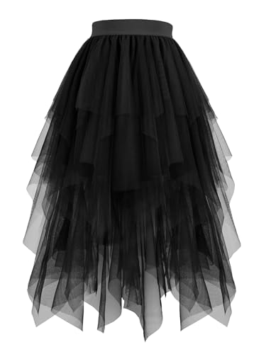 Hanpceirs Damen Tüll Röcke High Low Layered Puffy Fee Röcke A-Linie Midi Rock Unregelmäßiger Tutu Rock Schwarz XL