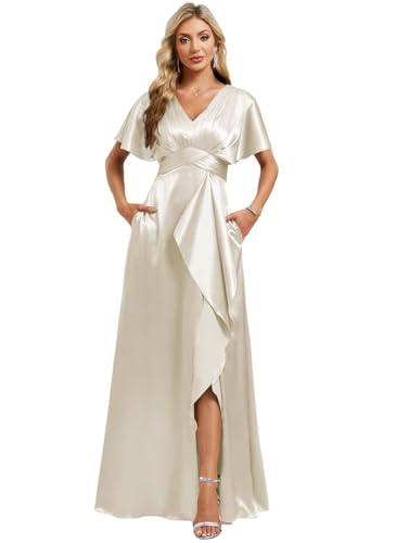Image of Elegant Satin Bridesmaid Dress with Sleeves Ruffles High Silt Formal Dresses Long for Women Fall DIN022
