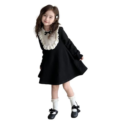 famuka Little Girl Knitted Dress Black Long Sleeve A-Line Dress Classic Ruffle Collar Dress with White Lace Bib