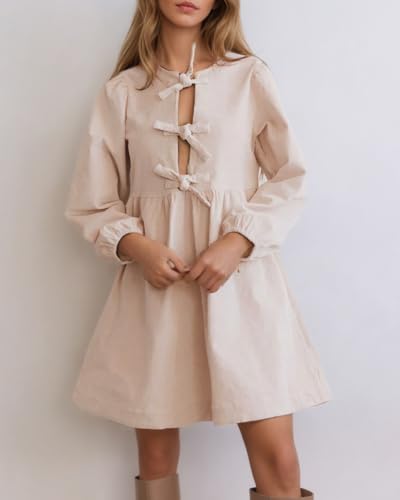 Kedera Women's Babydoll Corduroy Dress Long Puff Sleeve Bow Tie Front Ruffle A-Line Mini Dresses 20254