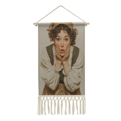 Jubonexis Arazzo da parete in lino, stile vintage con donna scioccata, rinascimentale, umoristico, poster da parete con nappe e asta in legno