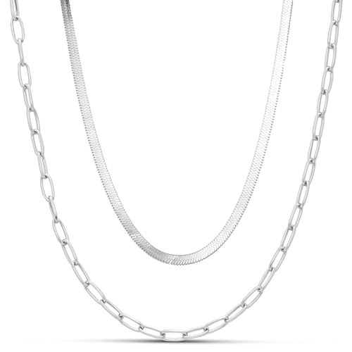 Herringbone Necklaces for Women, Hypoallergenic 18K Real Gold Plated Choker Necklace for Men Girls, 2Pcs Silver Necklace Set, Layering Necklaces(Individual Lobster Clasp)