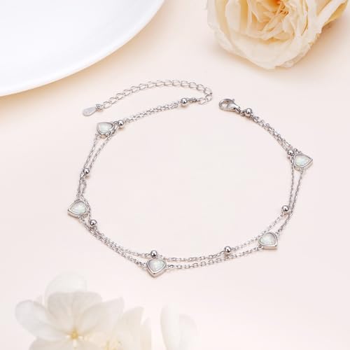 Image of Flyow Anklet for Women S925 Sterling Silver Adjustable Foot Beaded Heart Charm Ankle Bracelet Anklets Jewelry