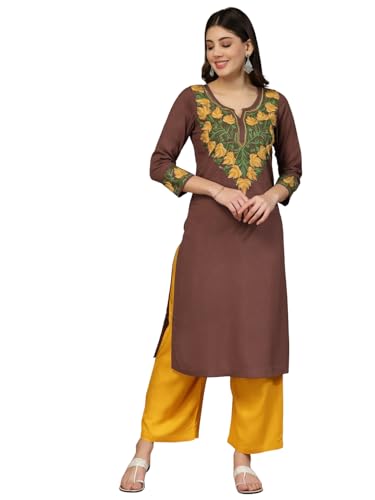 Image of QAZMI Women's Noura Kashmiri Aari Embroidered Viscose Rayon 3 /4 Cuff Sleeves A-Line Kurta