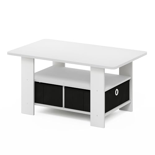 Image of Furinno Andrey Small Modern Coffee Table with Storage Shelf, White | 2x Black Bin Drawers, Soft-Corner, Rectangular Side Table for Living Room, Bedroom, Home Office