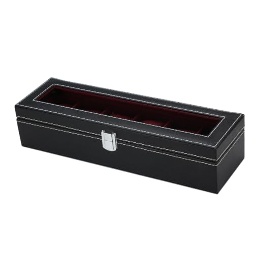 Image of Watch Box Organizer for Men and Women, 6 Slots, Leatherette, Black, Gift Box (Black::Maroon)