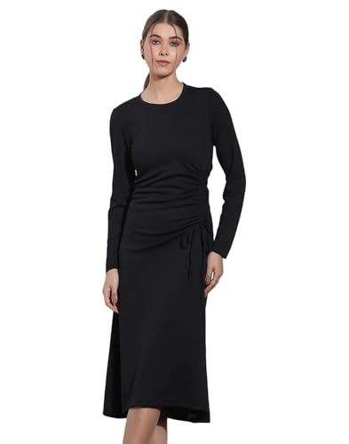 Image of Selvia Women's Black Ribbed Lycra Ruched Side Long Sleeve Dress