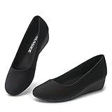 MUSSHOE Women's Mid Wedge Heel Pump Shoes Slip on Comfortable Round Toe Wedge Pumps, Black Suede 5