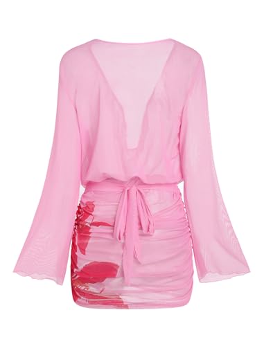 Image of ZAFUL Womens Swimsuit Cover Up Dress Draped Neck Tie Waist Coverup Bathing Suit Mesh Swim Beach Dress