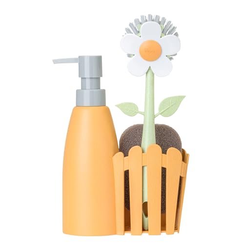 Vigar - Set Fregadero - Pack Soporte, Cepillo Lavaplatos, Esponja - ‎7 x 14 x 26.5 cm - Flower Power - Con Dispensador - Bandeja de 3 Piezas - Naranja
