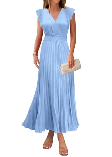 Image of KIRUNDO Women's Summer Maxi Dresses Elegant V Neck Ruffle Flutter Sleeves Empire Waist Pleated Flowy Wedding Guest Dress