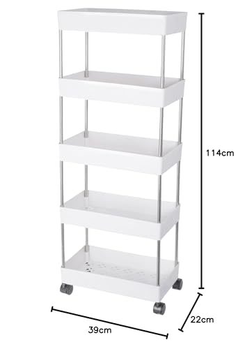 Image of 5 Tier Storage Rack, Kitchen Trolley, Storage Cart with Wheels, Rolling Storage Cart, Kitchen Storage Rack, Multipurpose Trolley (White)