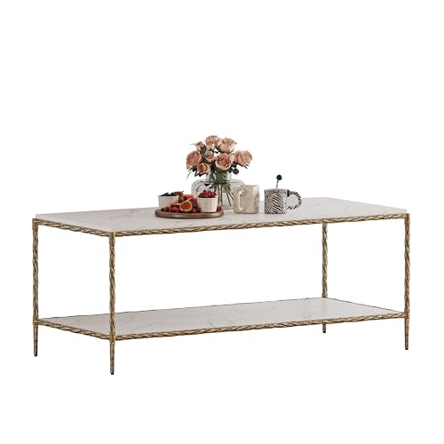 FormaCraft Antique Rectangular Coffee Table with Faux Marble Wood Top, 47' Gold Center Table with 2-Tier Open Storage Shelves, Modern Large Accent Table with Antique Brass Finish for Living Room