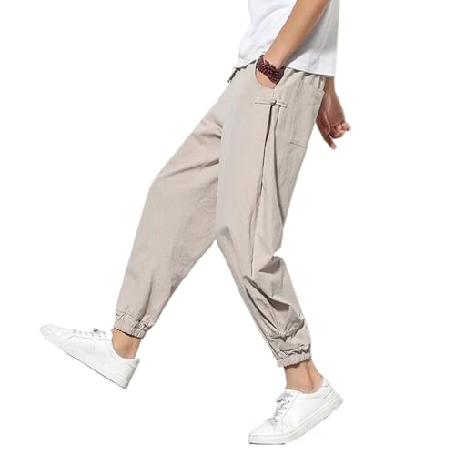 Spring Summer Harem Pants Mens Thin Cotton Linen Pencil Pants Solid Color Casual Trousers