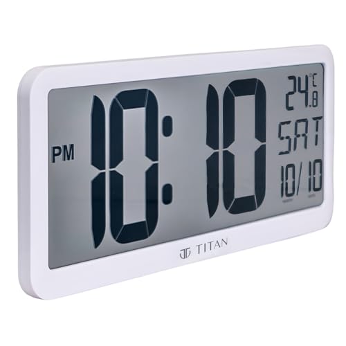 Image of Titan Large White Digital Wall & Table Clock | Big LCD Display | Day, Date & Room Temperature | Battery Operated | Modern Minimalist Design | 356x160mm | W0117PD02