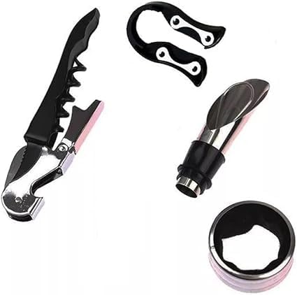 Kit para Vinho, 4 Peças, Tampa, Anel Antigotas, Corta-Rolha, Abridor
